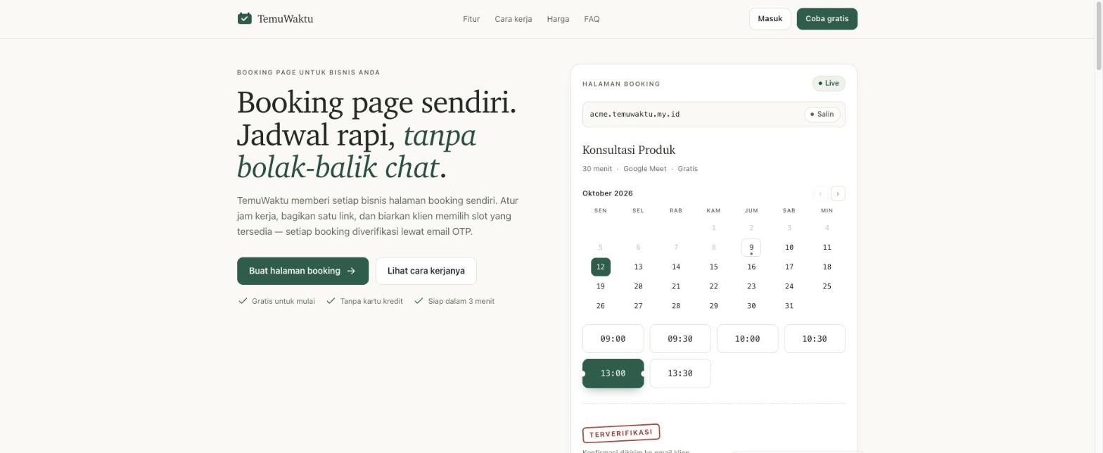 Halaman booking Temuwaktu dengan kalender dan slot waktu yang tersedia